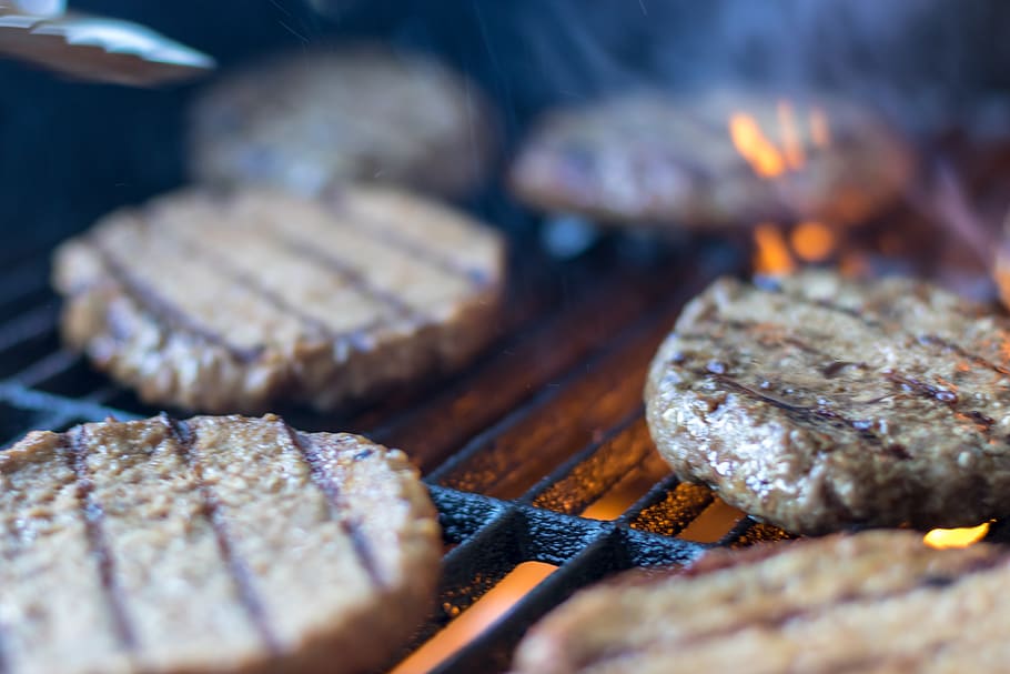 grilled meat, bbq, food, burger, meal, bread, fire, barbecue HD wallpaper