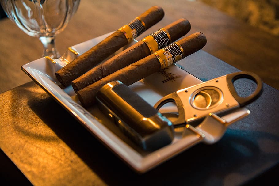 three cigar beside cutter on ashtray, man, wild, wood, glass
