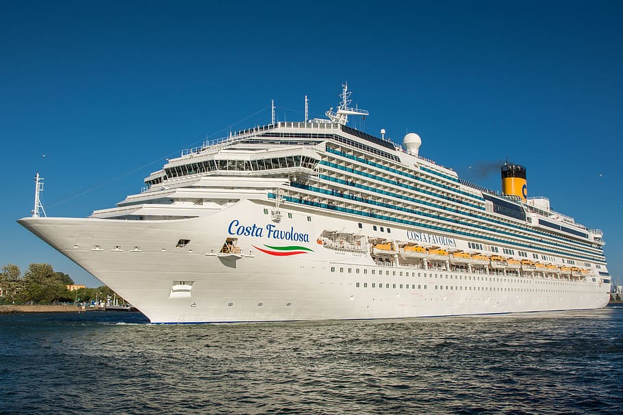 cruise ship, sea, ship travel, cruises, warnemünde, costa favolosa