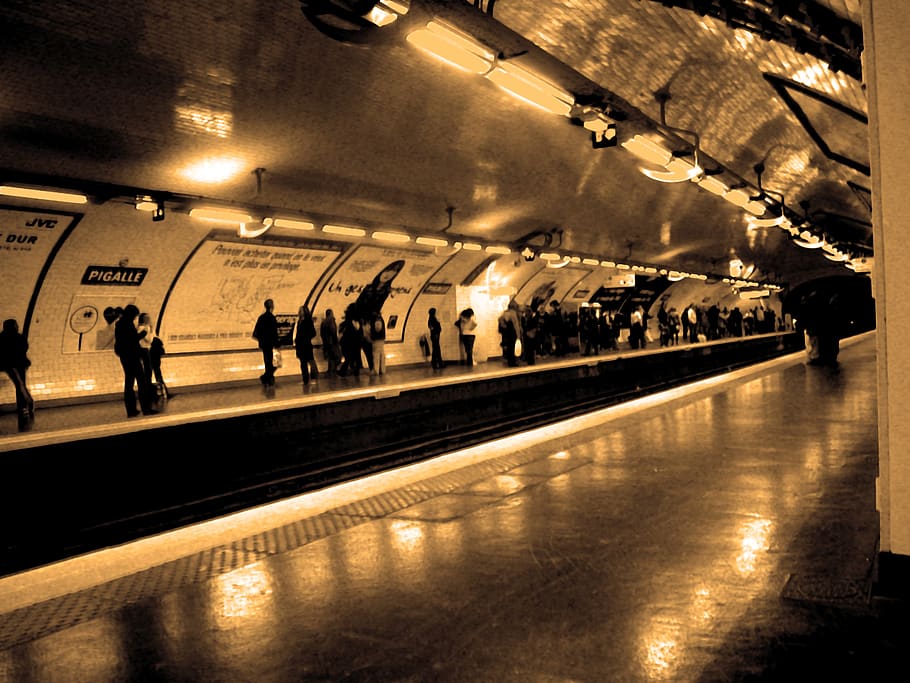 paris, pigalle, metro, group of people, illuminated, transportation, HD wallpaper