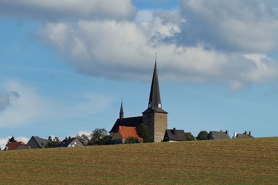 village, field, sauerland, hsk, kallenardt, church, houses, HD wallpaper