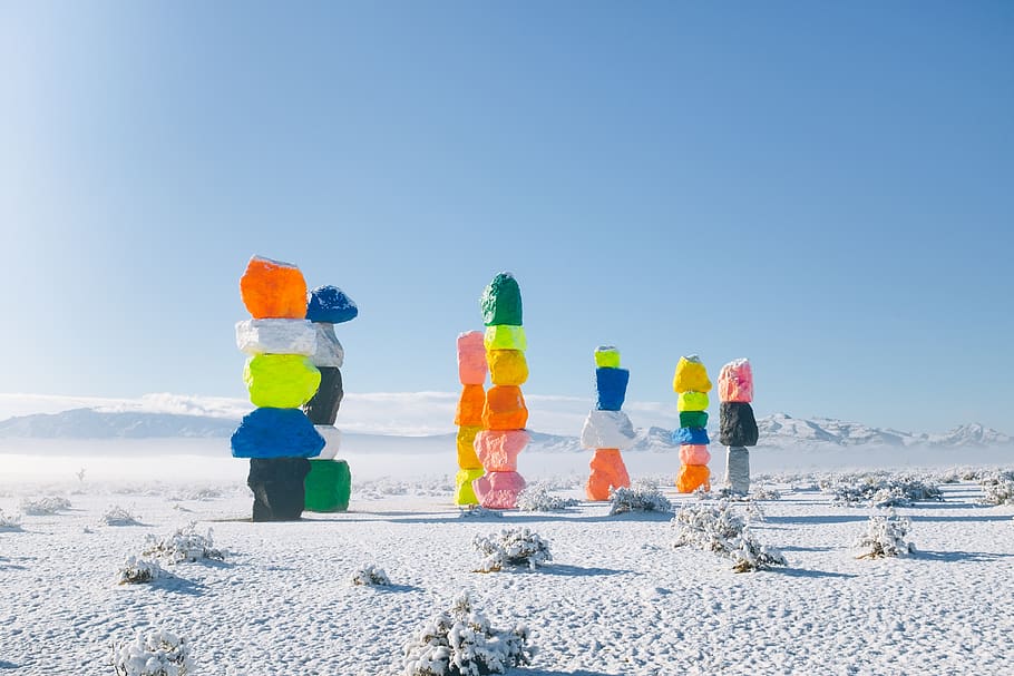 multi-colored rocks on snow, sky, cold temperature, winter, clear sky HD wallpaper