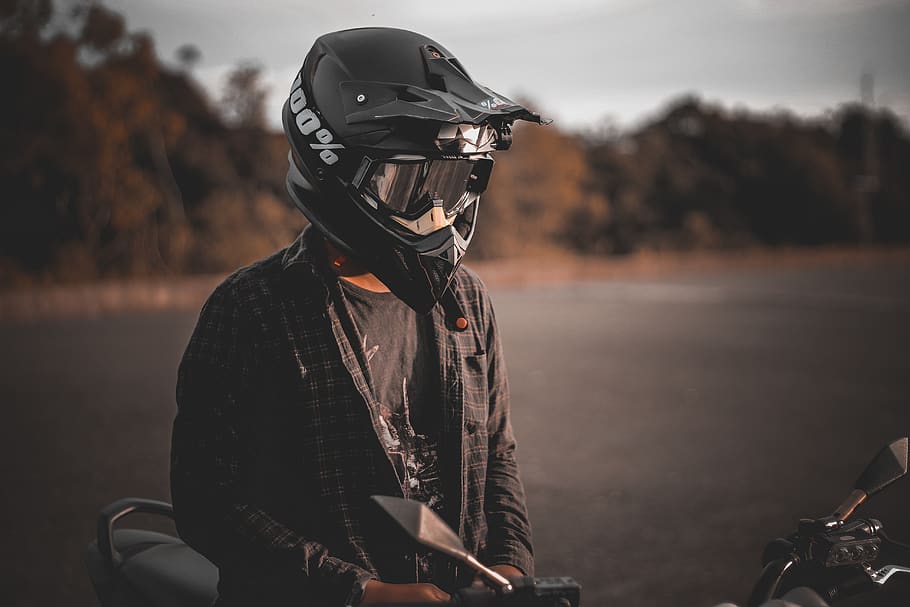Person Wearing Helmet, biker, daylight, landscape, man, motorbike, HD wallpaper