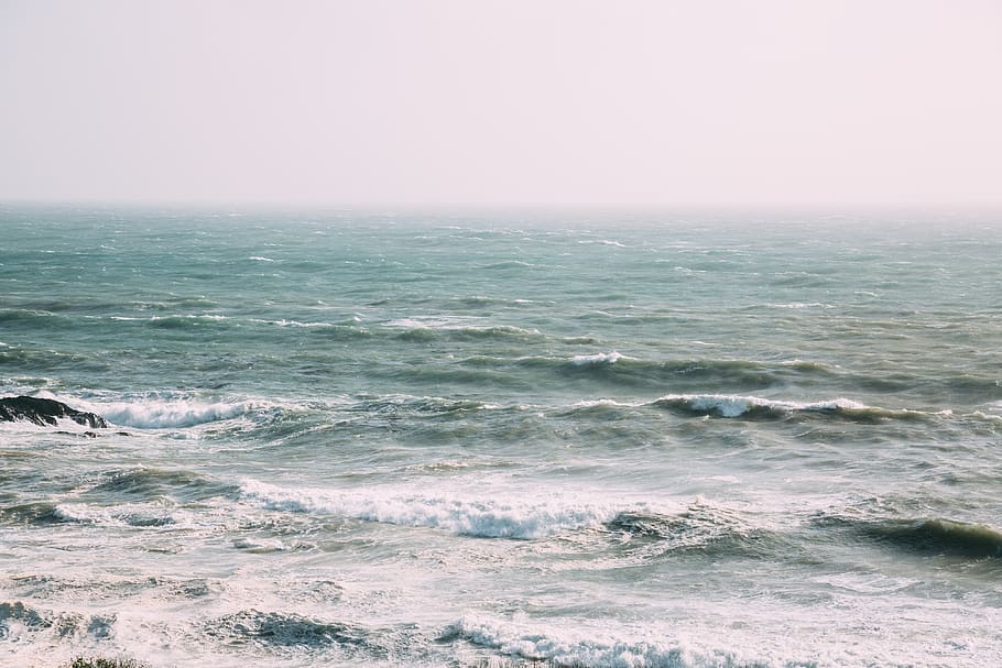 sea, waves, blue, ocean, coast, water, horizon over water, motion HD wallpaper