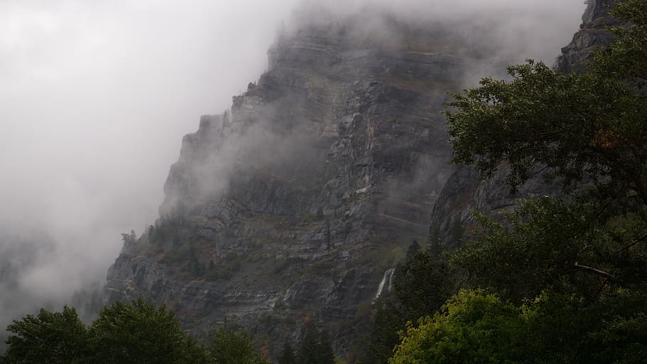 waterfall, forest, trees, storm, clouds, moody, mountain, mountain range HD wallpaper