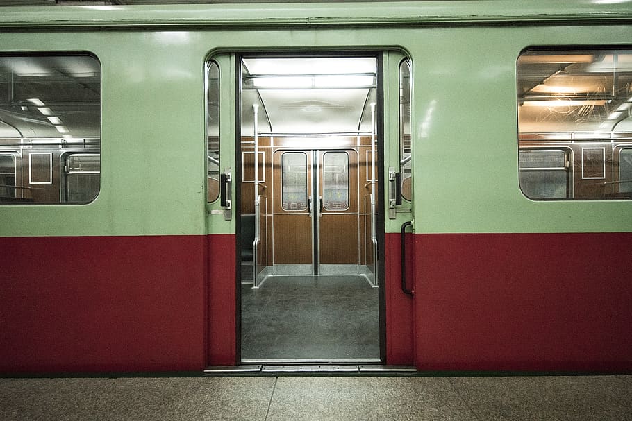 green and red train, vehicle, transportation, flooring, metro, HD wallpaper