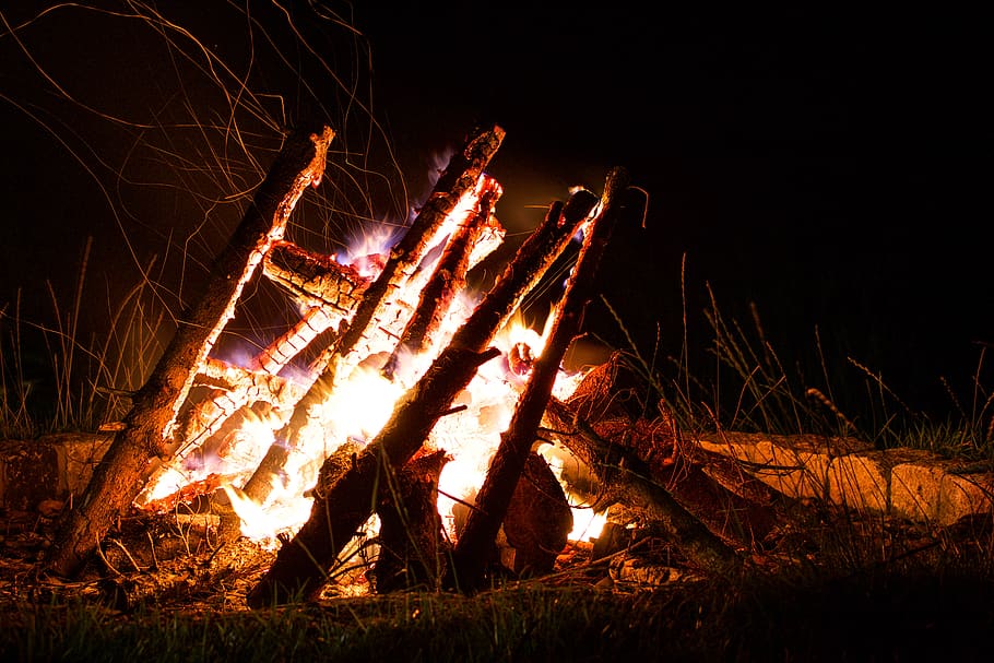 bonfire on grass field, flame, camping, campfire, leisure activities HD wallpaper