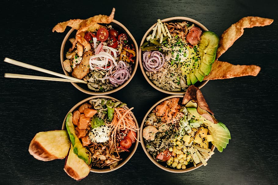 four assorted dishes on bowls, food and drink, freshness, directly above HD wallpaper