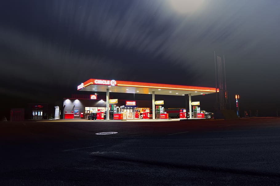 Gasoline Station, blur, evening, gas station, highway, lights