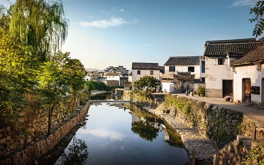 calm river, water, architecture, sky, tree, building exterior HD wallpaper