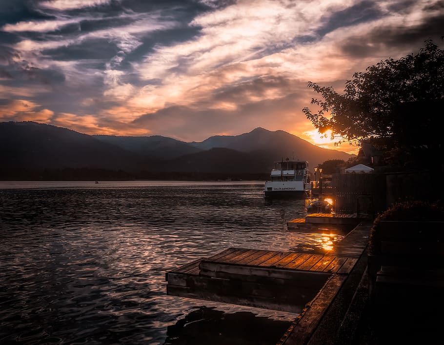 Seashore during Sunset, boat, clouds, dock, dusk, evening, golden hour HD wallpaper