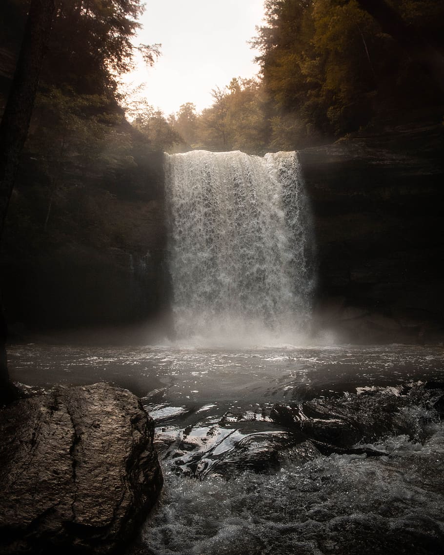 waterfalls during daytime, cliff, river, forest, woodland, fog HD wallpaper