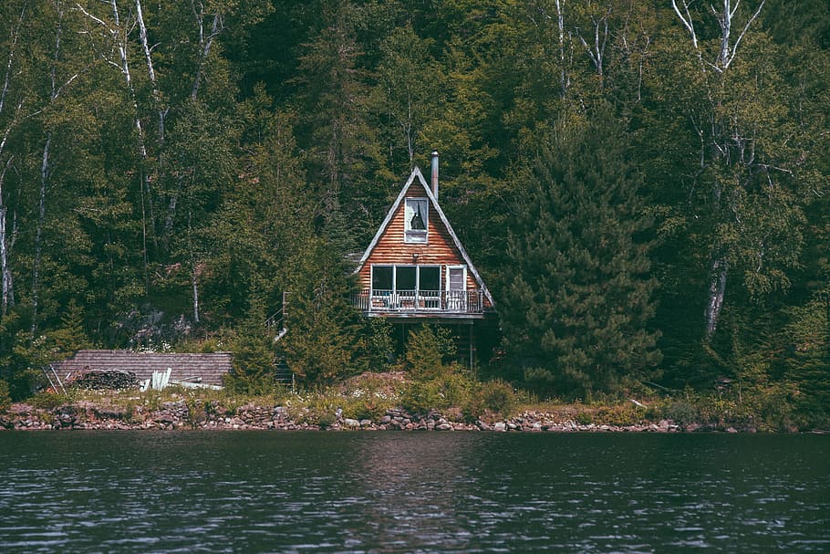 lake, house, hut, trees, water, stream, sea, forest, rocks HD wallpaper