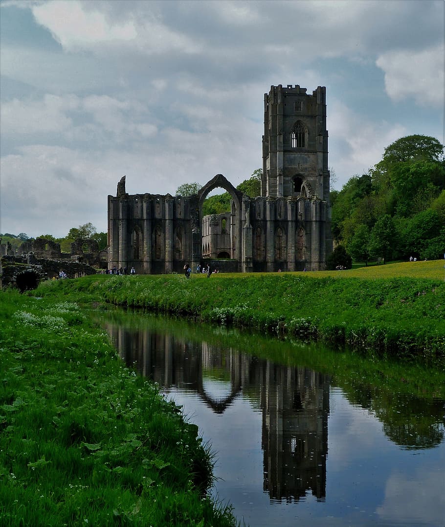 architecture, travel, outdoors, river, sky, green, fountains abbey, HD wallpaper