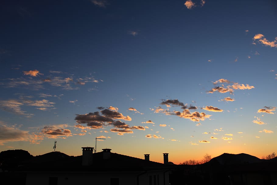 padova, sunset, sky, orange clouds, mountains, case, building, HD wallpaper