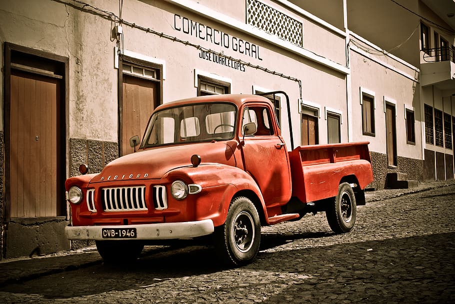 cape verde, pickup, oldtimer, car, city, red, coblestone, mode of transportation HD wallpaper