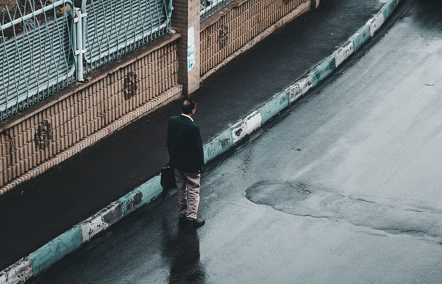 person in black jacket, pedestrian, human, tarmac, asphalt, town HD wallpaper