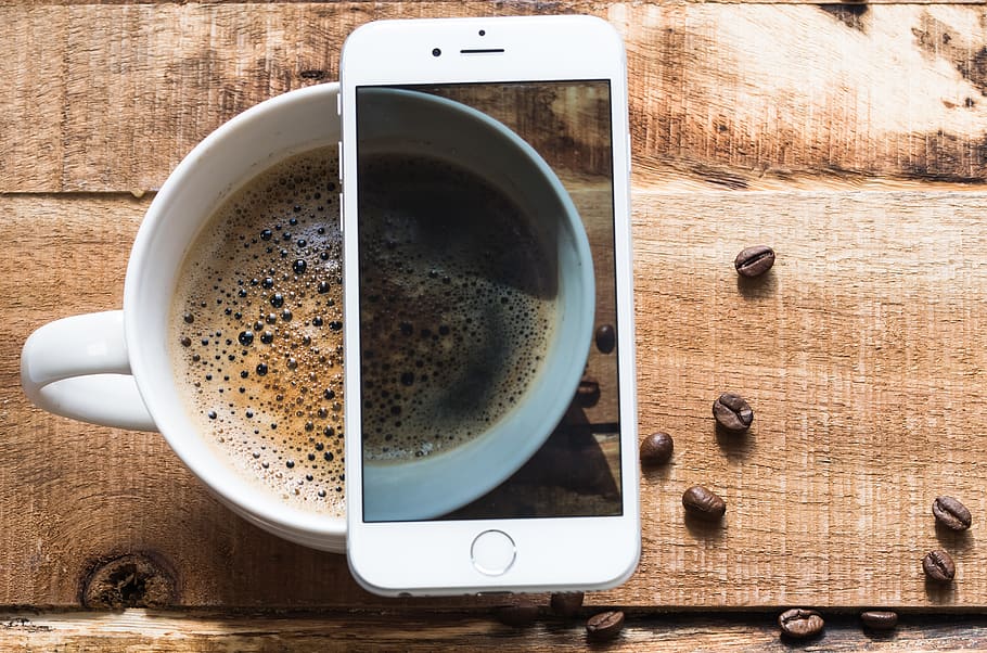 Silver Iphone 6 on White Ceramic Mug, beverage, caffeine, cappuccino HD wallpaper