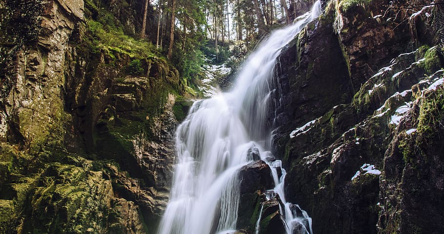 Waterfalls, cascade, environment, flow, forest, landscape, long exposure HD wallpaper