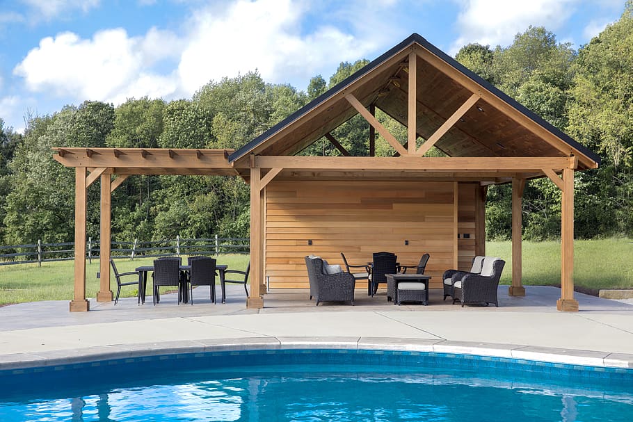 patio bistro set beside pool, tree, swimming pool, sky, architecture HD wallpaper