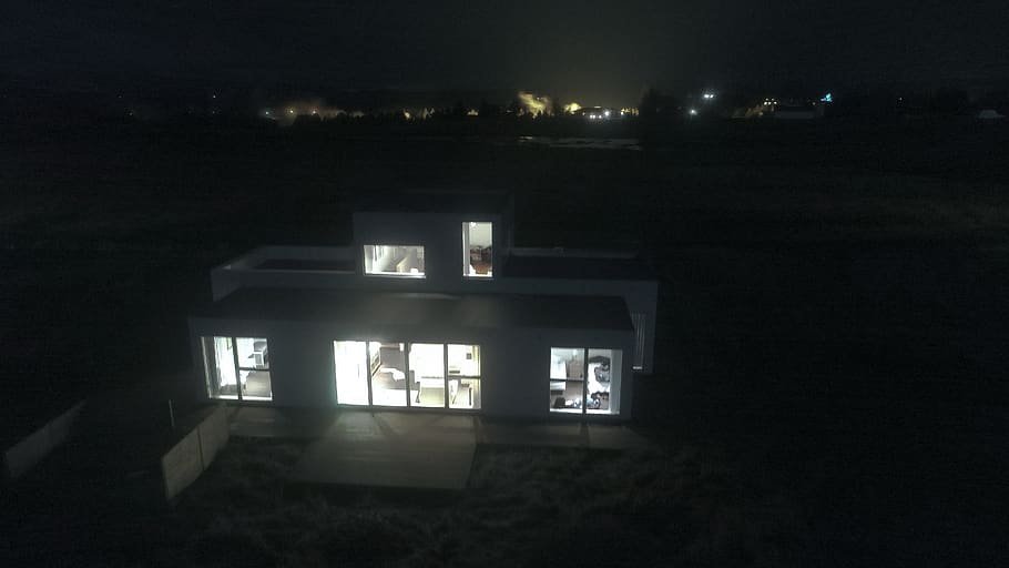 iceland, house, architecture, modern, lights, night, aerial HD wallpaper