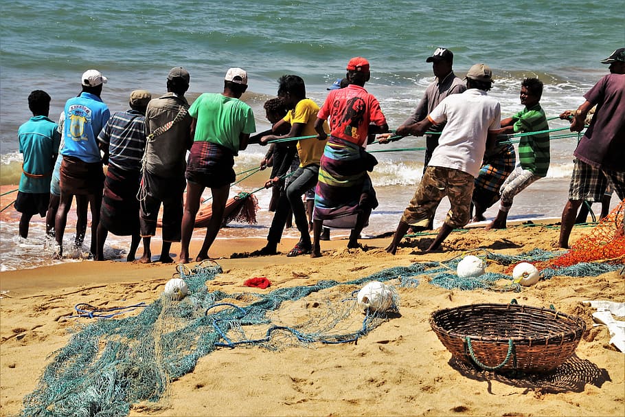 work, the fisherman, rope, network, basket, ocean, the waves HD wallpaper
