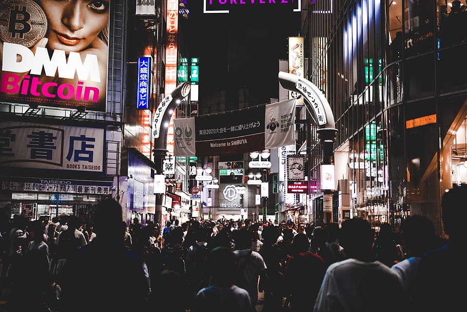crowded street, building, sign, asia, audience, neon, city, urban, HD wallpaper