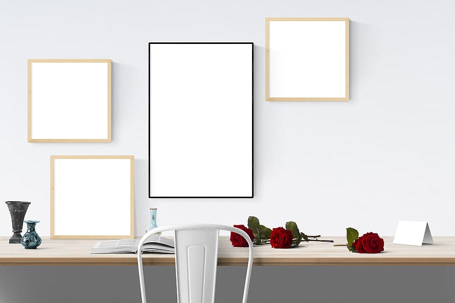 poster, frame, chair, flowers, desk, picture frame, indoors HD wallpaper