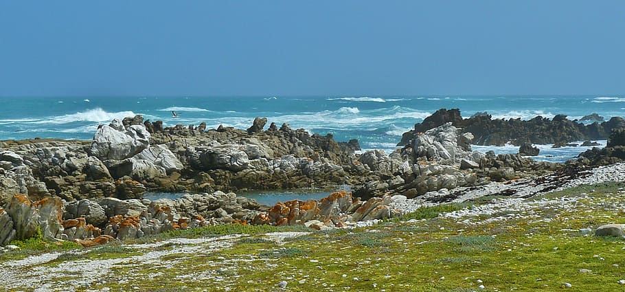 shore, beach, rock, rocky, nature, landscape, sea, ocean, blue HD wallpaper