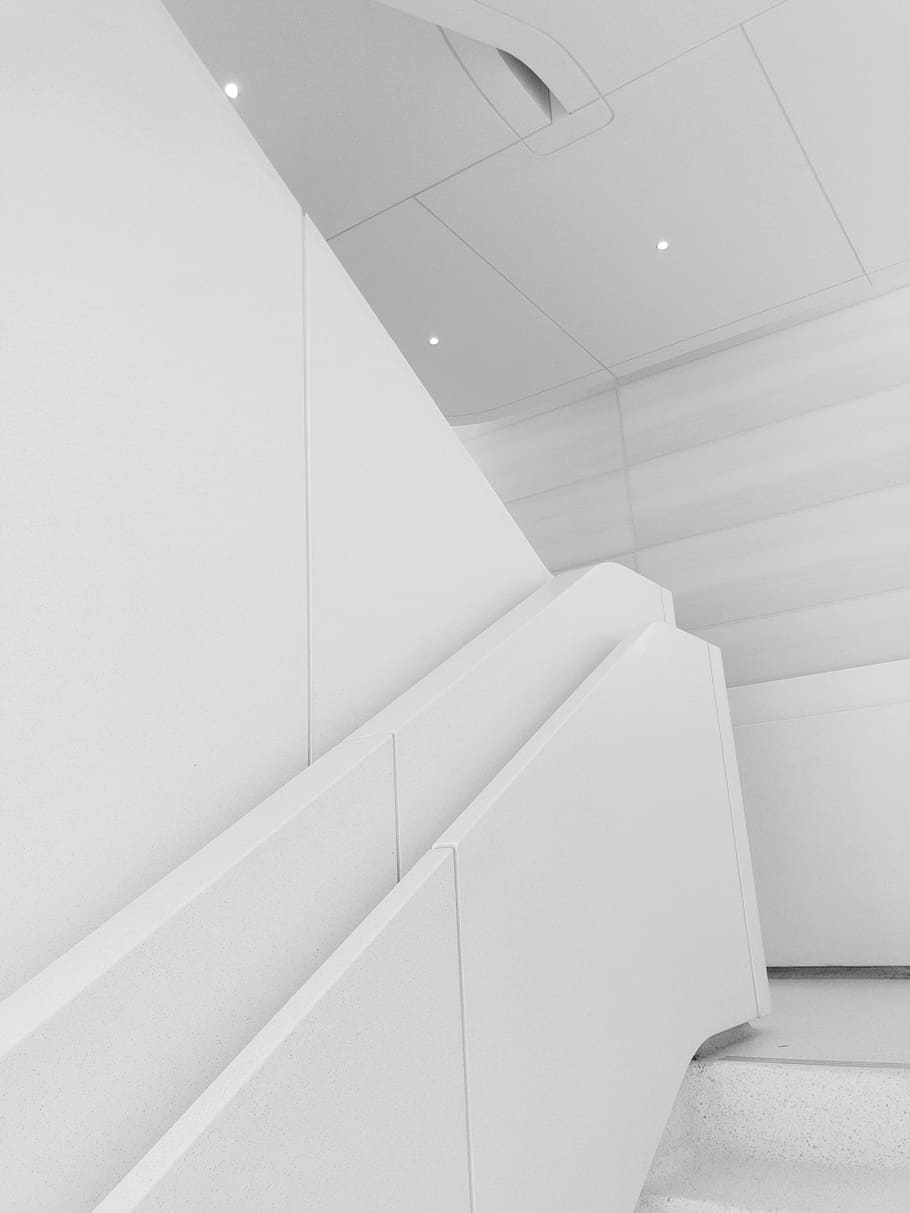white tinted wall, stair, minimal, low contrast, minimalism, black and white, HD wallpaper