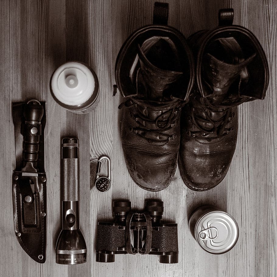 survival, package, shoes, boots, knife, compass, water, flashlight, HD wallpaper