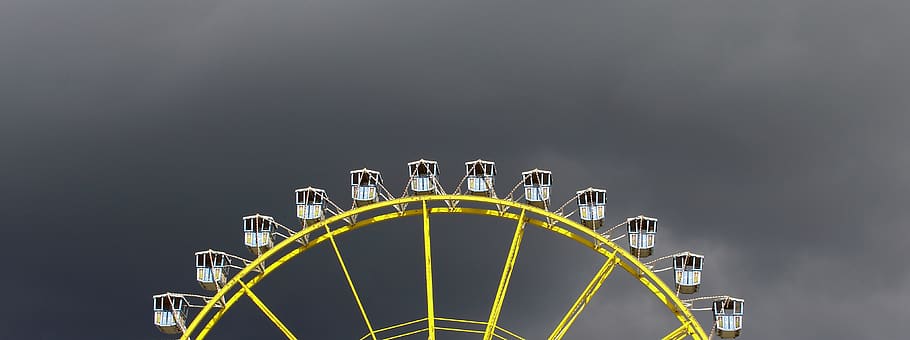 sky, grey, ferris wheel, yellow, gondolas, amusement park ride HD wallpaper
