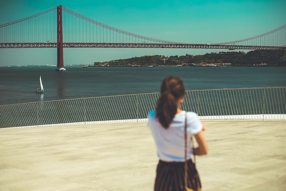 person, human, apparel, shorts, clothing, boat, bridge, portugal HD wallpaper