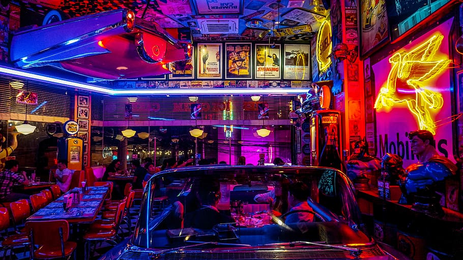 People Sitting Near Tables, art, bar, evening, music, neon, neon lights HD wallpaper