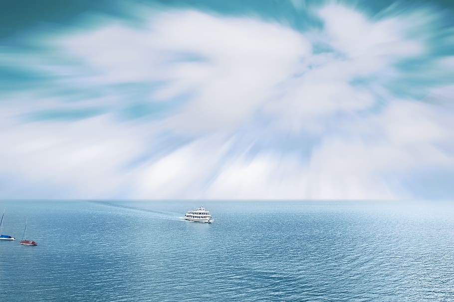 sea, clouds, boat, sky, ocean, blue, atmosphere, marina, water HD wallpaper