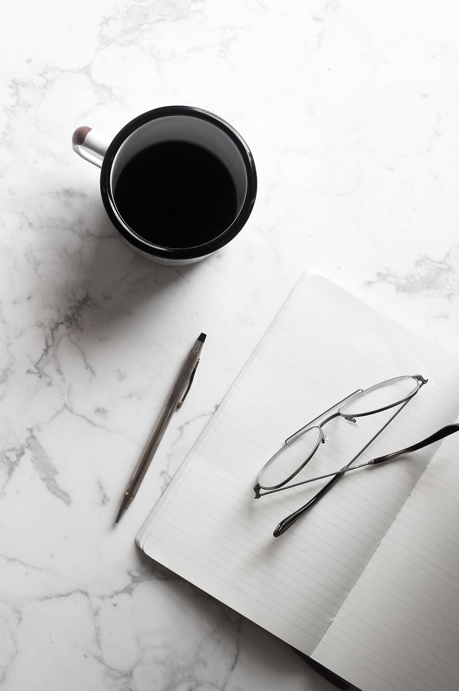 cup, black, coffee, espresso, notebook, pen, office, eyeglasses HD wallpaper