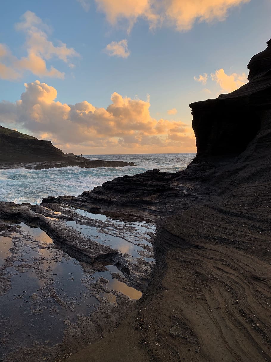 rocks, ocean, morning, clouds, water, sea, sky, beach, land HD wallpaper