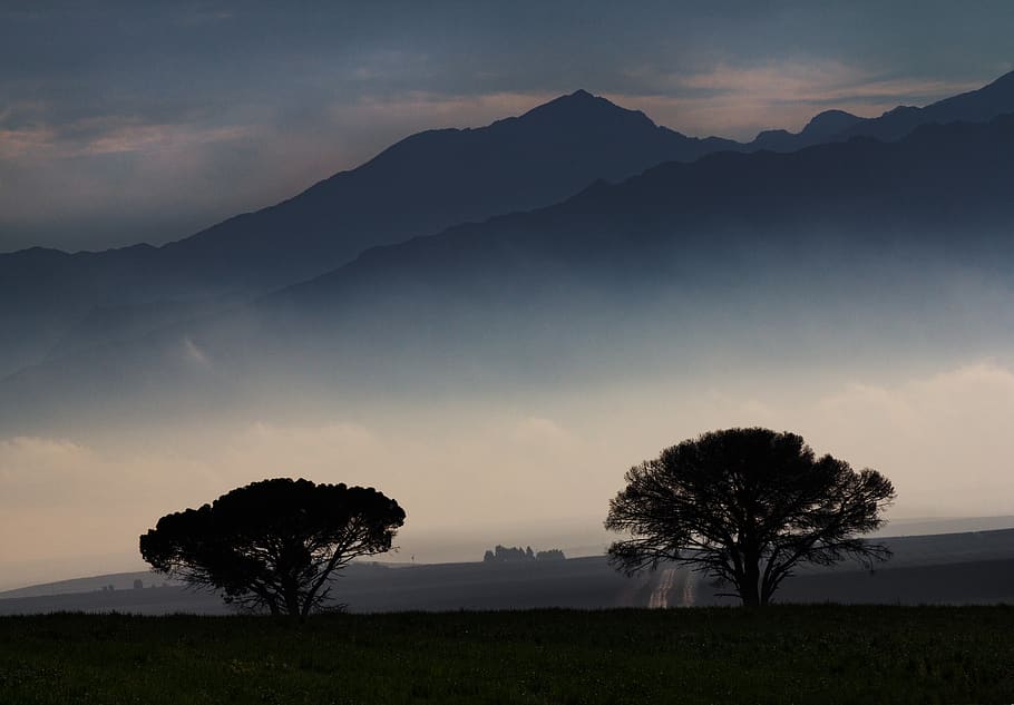 landscape, trees, mountains, view, mist, blue, sky, scenics - nature HD wallpaper
