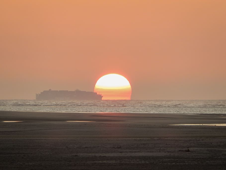 sunset, ameland, beach, boot, tanker, shipment, sea, water HD wallpaper