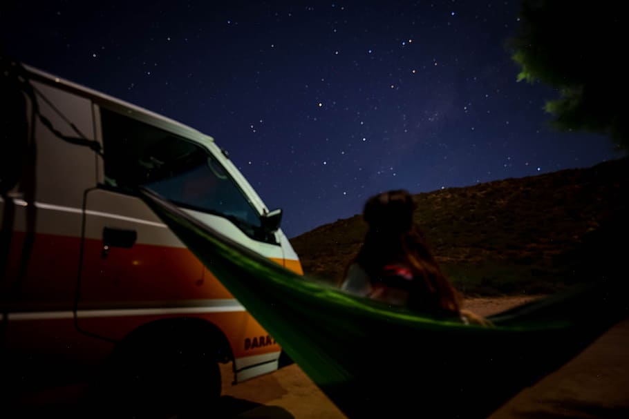 woman on hammock, star, van, van camper, night time, camping HD wallpaper