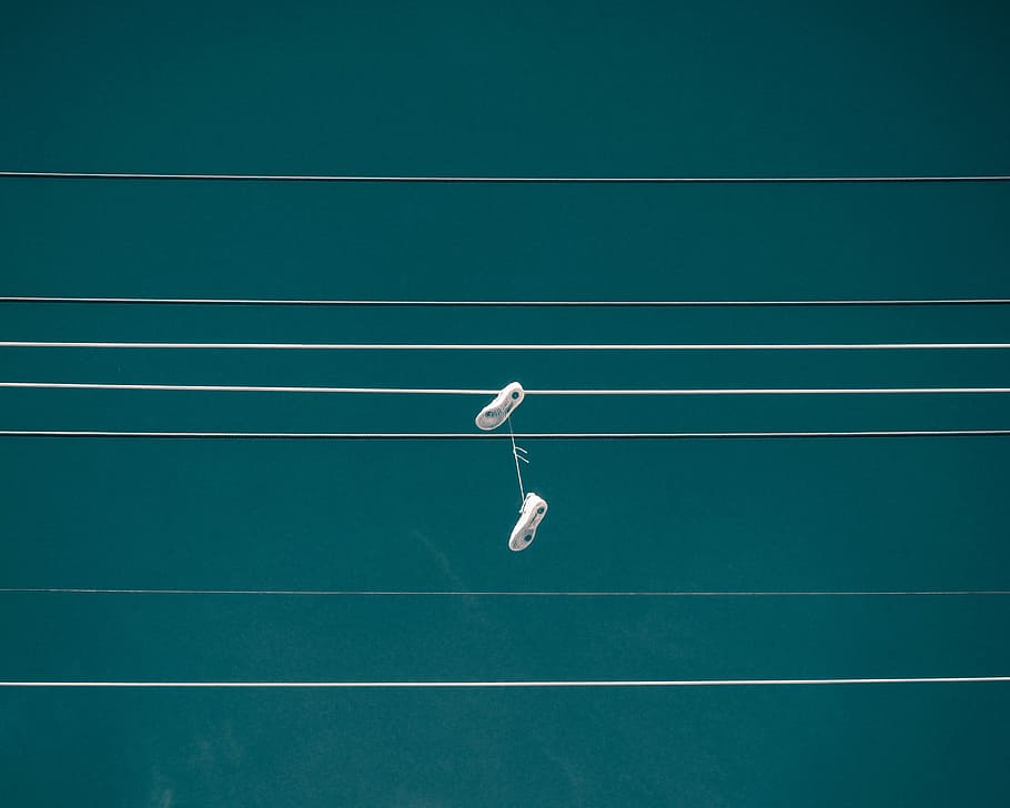 pair of white shoes hanging on cable, line, remember, laces, metaphor HD wallpaper