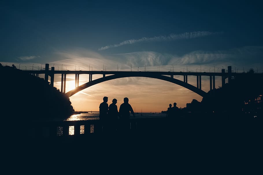 Silhouette of People Standing Near the Bridge, architecture, backlit HD wallpaper