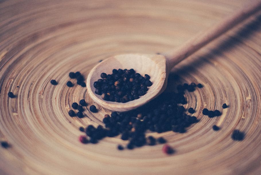 Black pepper, ingredient, ingredients, spice, spoon, wood, food and drink HD wallpaper