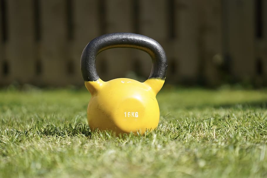 yellow and black kettle bell, grass, plant, toy, lawn, green HD wallpaper