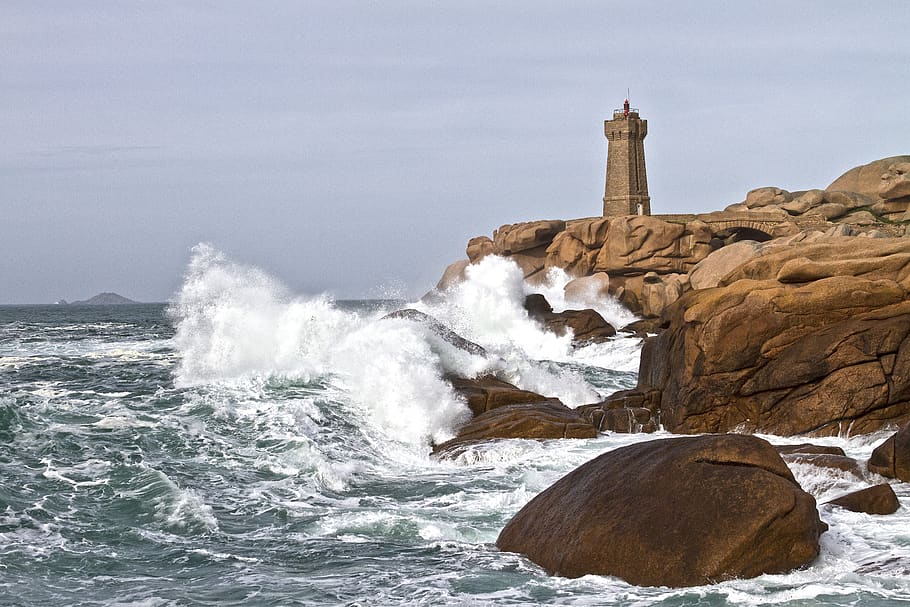 waters, sea, coast, ocean, wave, surf, nature, lighthouse, sky HD wallpaper