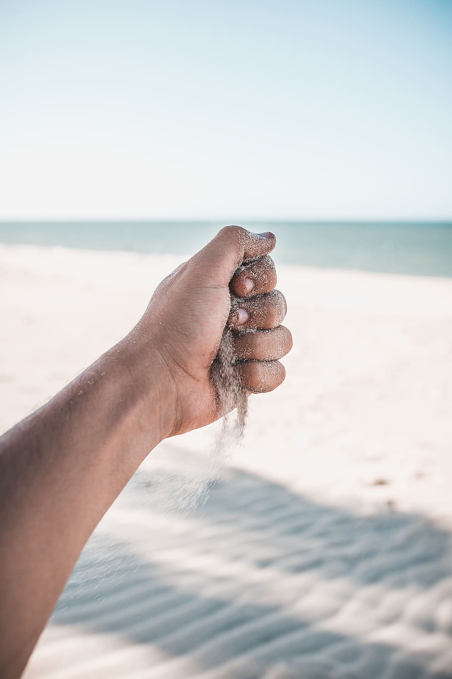 person's left hand, sea, beach, human hand, water, land, sand HD wallpaper