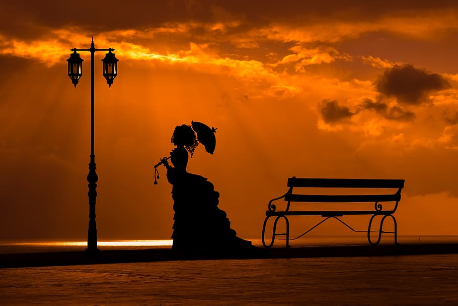 sunset, woman, bench, lantern, lamp, silhouette, shadows, dusk HD wallpaper
