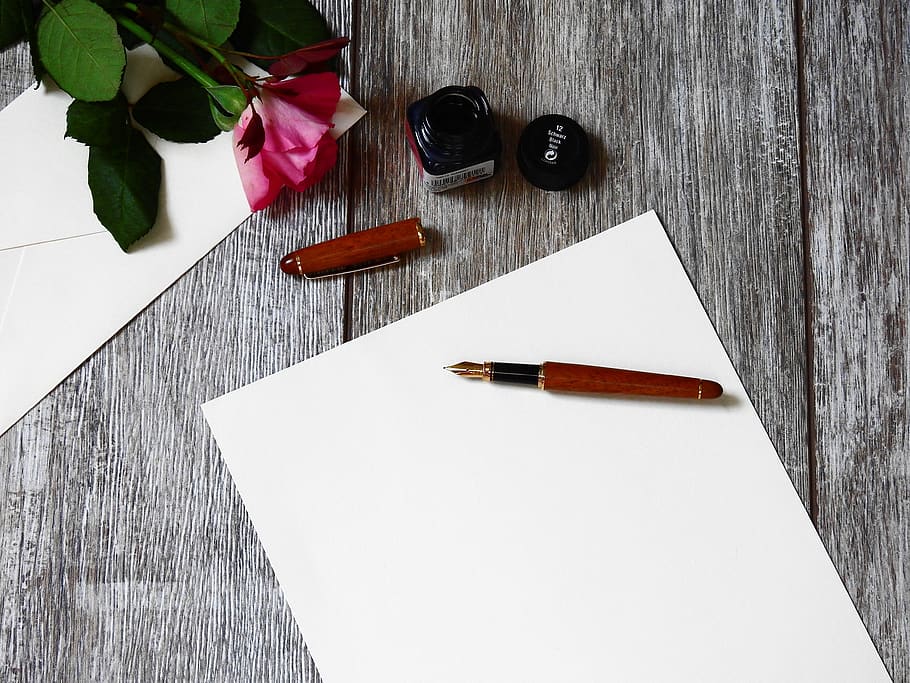 Brown and Black Fountain Pen on White Paper, blank, bloom, blossom HD wallpaper