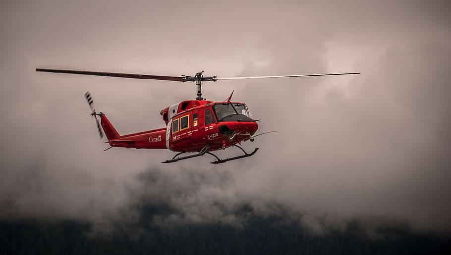 red helicopter, air vehicle, mode of transportation, flying, airplane HD wallpaper