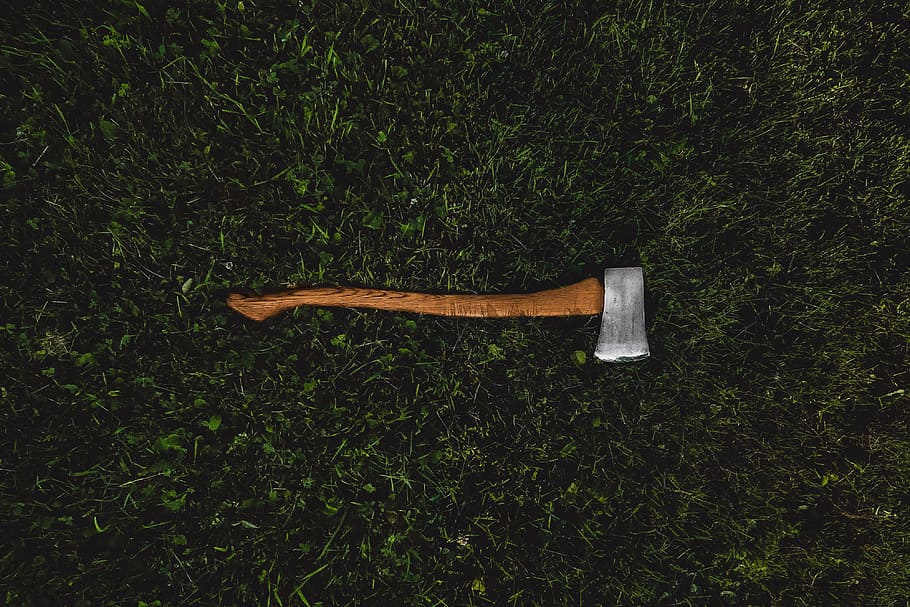 Axe in Grass, various, tool, tools, work, high angle view, nature HD wallpaper